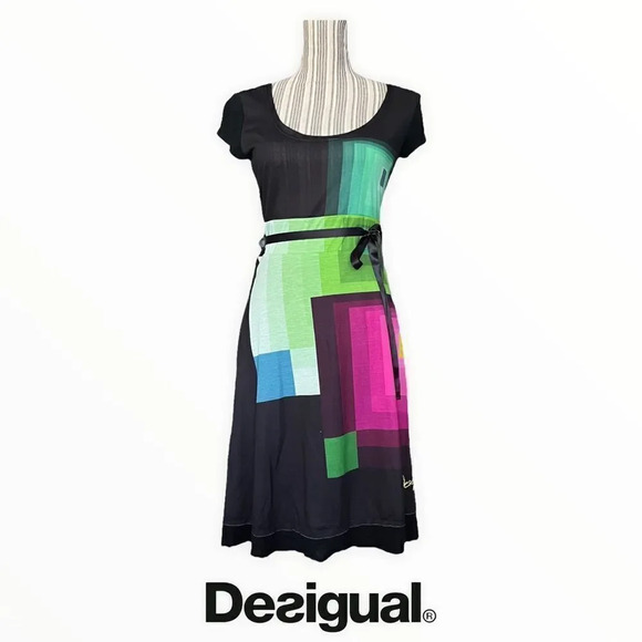 Desigual Dresses & Skirts - DESIGUAL | Black | Cotton Flare Square Print Satin Bow Dress